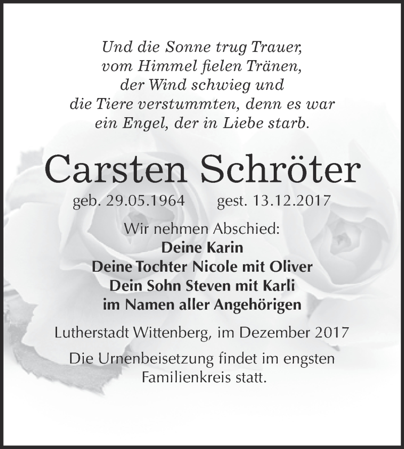  Traueranzeige für Carsten Schröter vom 16.12.2017 aus Super Sonntag Wittenberg