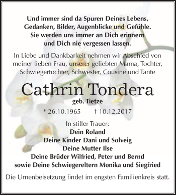 Traueranzeige von Cathrin Tondera von WVG - Wochenspiegel Merseburg