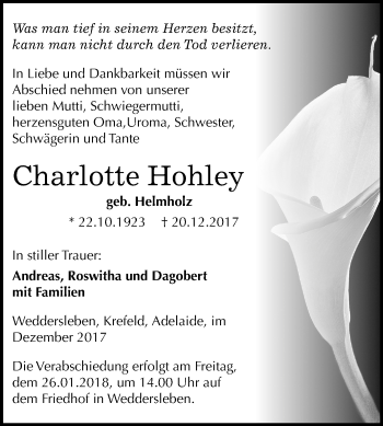 Traueranzeige von Charlotte Hohley von Mitteldeutsche Zeitung Quedlinburg