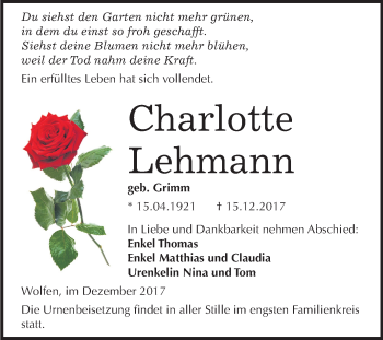 Traueranzeige von Charlotte Lehmann von Mitteldeutsche Zeitung Bitterfeld