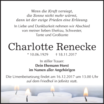 Traueranzeige von Charlotte Renecke von Mitteldeutsche Zeitung Bitterfeld
