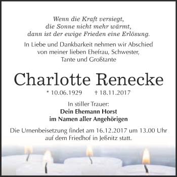 Traueranzeige von Charlotte Renecke von WVG - Wochenspiegel Bitterfeld