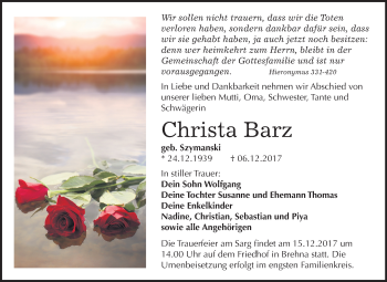Traueranzeige von Christa Barz von Mitteldeutsche Zeitung Bitterfeld