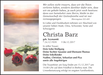 Traueranzeige von Christa Barz von WVG - Wochenspiegel Bitterfeld