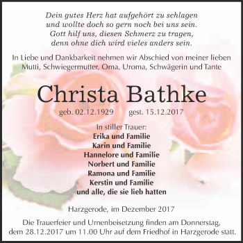 Traueranzeige von Christa Bathke von Super Sonntag Quedlinburg