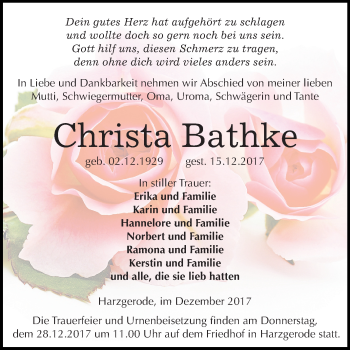 Traueranzeige von Christa Bathke von Mitteldeutsche Zeitung Quedlinburg