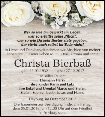 Traueranzeige von Christa Bierbaß von Mitteldeutsche Zeitung