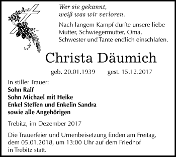 Traueranzeige von Christa Däumich von Mitteldeutsche Zeitung