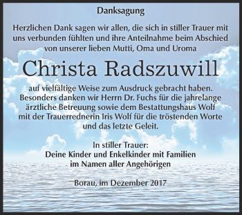 Traueranzeige von Christa Radszuwill von WVG - Wochenspiegel NMB / WSF / ZTZ