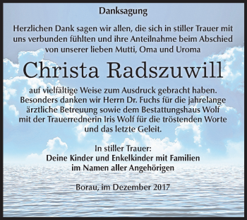 Traueranzeige von Christa Radszuwill von Mitteldeutsche Zeitung Weißenfels