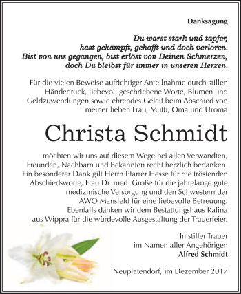 Traueranzeige von Christa Schmidt von WVG - Wochenspiegel Quedlinburg