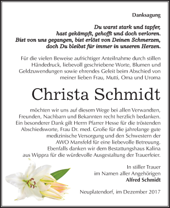 Traueranzeige von Christa Schmidt von Mitteldeutsche Zeitung Quedlinburg