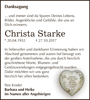 Traueranzeige von Christa Starke von WVG - Wochenspiegel NMB / WSF / ZTZ