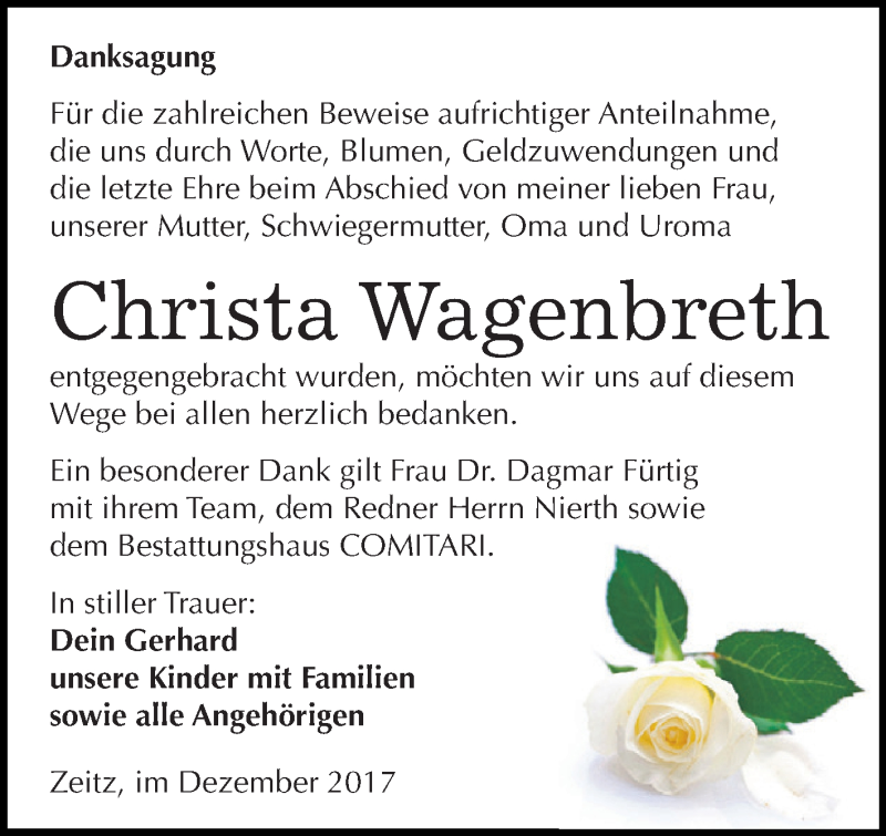  Traueranzeige für Christa Wagenbreth vom 23.12.2017 aus Super Sonntag Zeitz