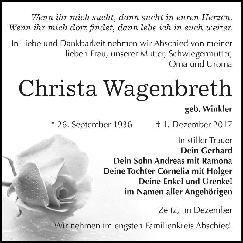  Traueranzeige für Christa Wagenbreth vom 09.12.2017 aus Super Sonntag Zeitz
