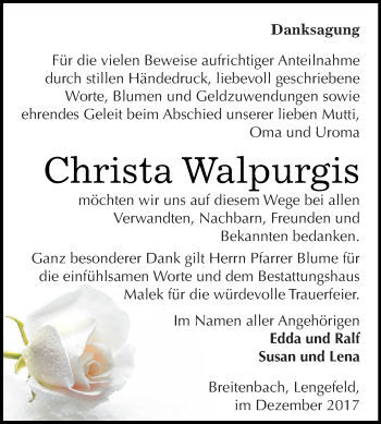 Traueranzeige von Christa Walpurgis von Super Sonntag SGH Mansf. Land