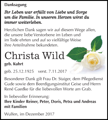 Traueranzeige von Christa Wild von Mitteldeutsche Zeitung Köthen