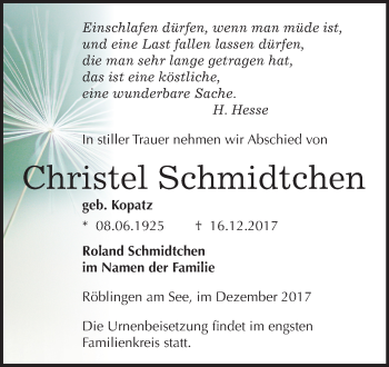 Traueranzeige von Christel Schmidtchen von Mitteldeutsche Zeitung