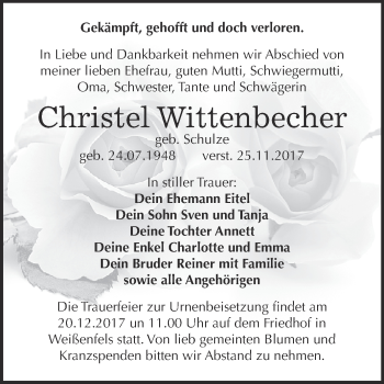 Traueranzeige von Christel Wittenbecher von WVG - Wochenspiegel NMB / WSF / ZTZ