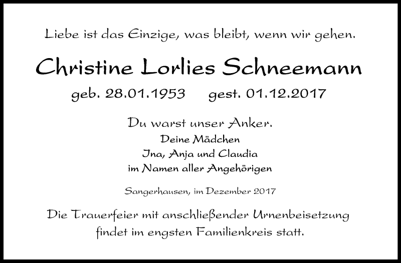 Traueranzeige für Christine Lorlies Schneemann vom 06.12.2017 aus Mitteldeutsche Zeitung