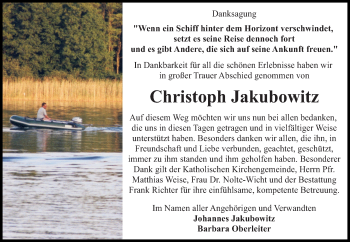 Traueranzeige von Christoph Jakubowitz von WVG - Wochenspiegel SGH