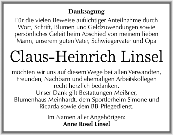 Traueranzeige von Claus-Heinrich Linsel von Mitteldeutsche Zeitung Sangerhausen