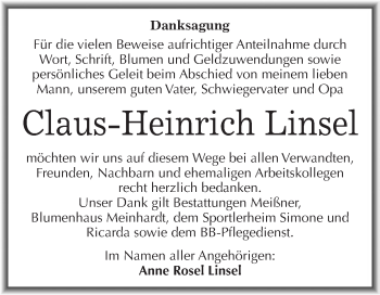 Traueranzeige von Claus-Heinrich Linsel von Super Sonntag SGH Mansf. Land
