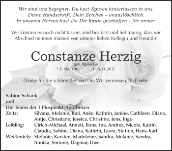 Traueranzeige von Constanze Herzig von Super Sonntag Zeitz