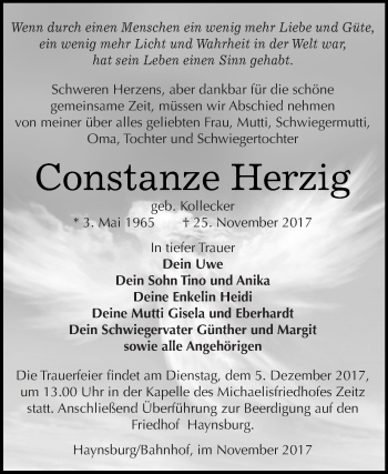 Traueranzeige von Constanze Herzig von Super Sonntag Zeitz