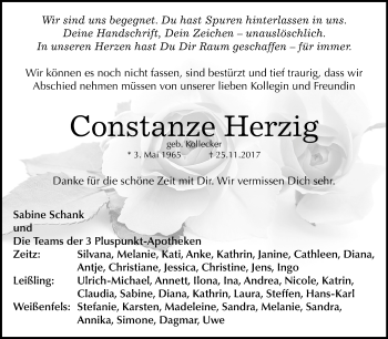 Traueranzeige von Constanze Herzig von Mitteldeutsche Zeitung Zeitz