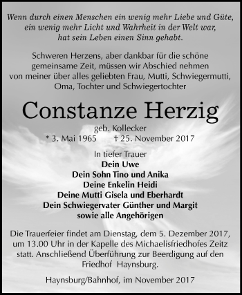 Traueranzeige von Constanze Herzig von Mitteldeutsche Zeitung Zeitz