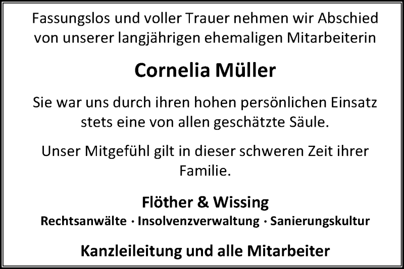  Traueranzeige für Cornelia Müller vom 16.12.2017 aus Mitteldeutsche Zeitung Halle/Saalkreis