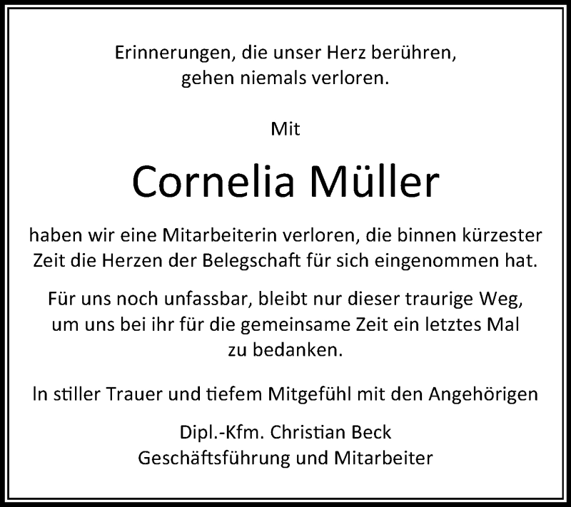  Traueranzeige für Cornelia Müller vom 16.12.2017 aus Mitteldeutsche Zeitung Halle/Saalkreis