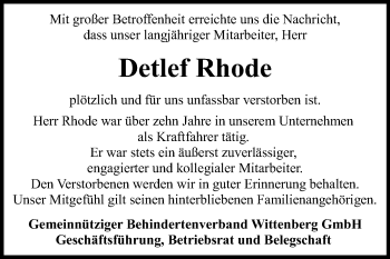 Traueranzeige von Detlef Rhode von Super Sonntag Wittenberg