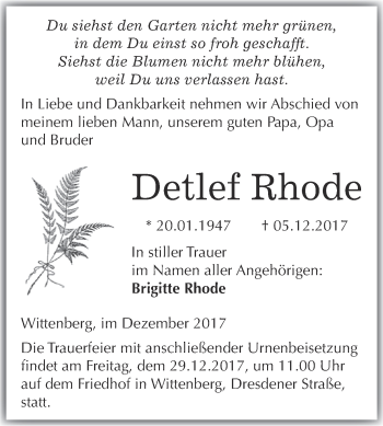 Traueranzeige von Detlef Rhode von WVG - Wochenspiegel Wittenberg