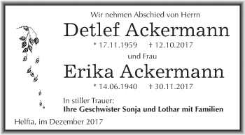 Traueranzeige von Detlef und Erika Ackermann von Wochenspiegel Mansfelder Land
