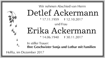 Traueranzeige von Detlef und Erika Ackermann von Mitteldeutsche Zeitung