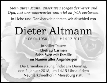 Traueranzeige von Dieter Altmann von Mitteldeutsche Zeitung Merseburg/Querfurt