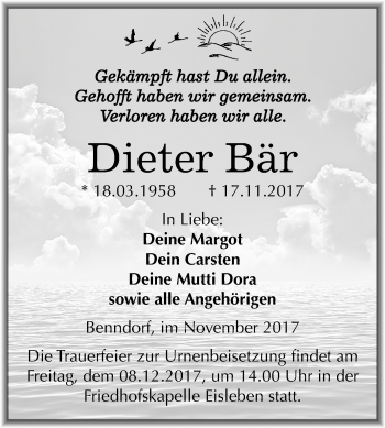 Traueranzeige von Dieter Bär von Mitteldeutsche Zeitung