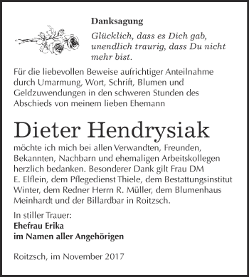 Traueranzeige von Dieter Hendrysiak von WVG - Wochenspiegel Bitterfeld