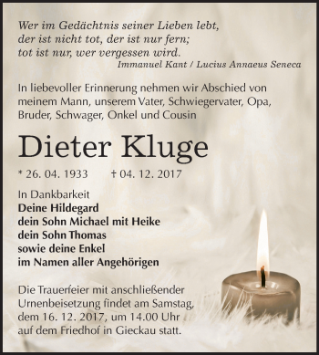 Traueranzeige von Dieter Kluge von Mitteldeutsche Zeitung