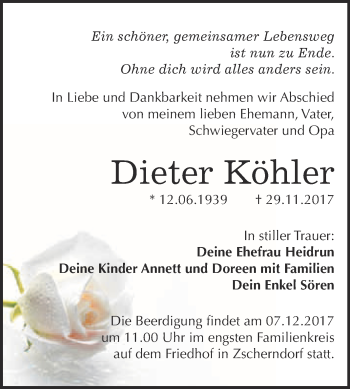 Traueranzeige von Dieter Köhler von WVG - Wochenspiegel Bitterfeld