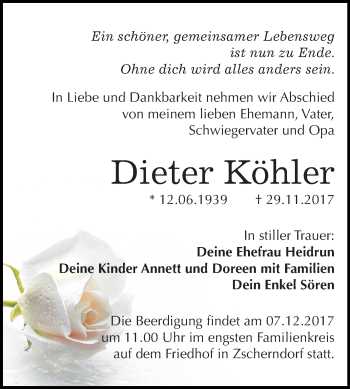 Traueranzeige von Dieter Köhler von Mitteldeutsche Zeitung Bitterfeld