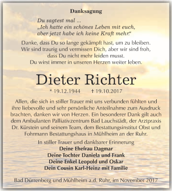Traueranzeige von Dieter Richter von Super Sonntag Merseburg