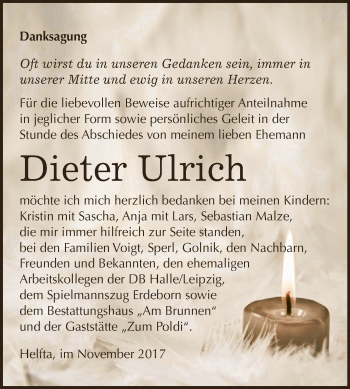 Traueranzeige von Dieter Ulrich von Super Sonntag SGH Mansf. Land
