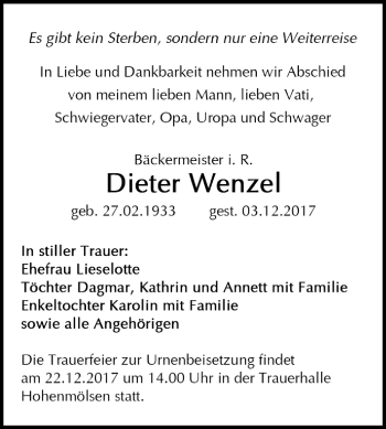Traueranzeige von Dieter Wenzel von Mitteldeutsche Zeitung Weißenfels
