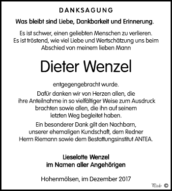 Traueranzeige von Dieter Wenzel von Mitteldeutsche Zeitung Weißenfels