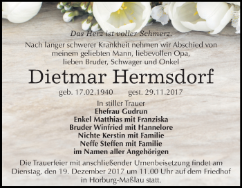 Traueranzeige von Dietmar Hermsdorf von Mitteldeutsche Zeitung Merseburg/Querfurt