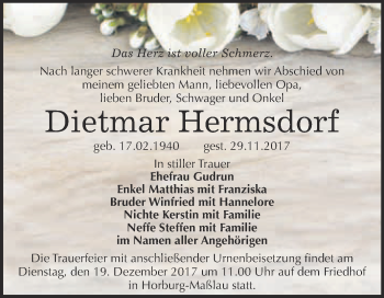 Traueranzeige von Dietmar Hermsdorf von WVG - Wochenspiegel Merseburg