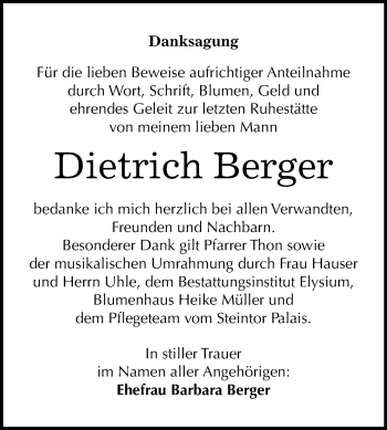 Traueranzeige von Dietrich Berger von Mitteldeutsche Zeitung Halle/Saalkreis